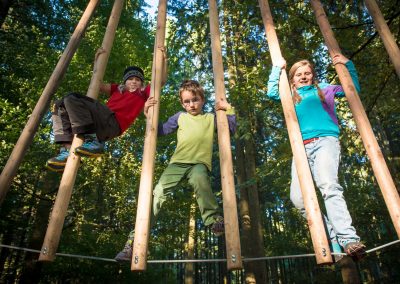 Drei Kindern klettern an Holzstangen in einem Waldspielplatz