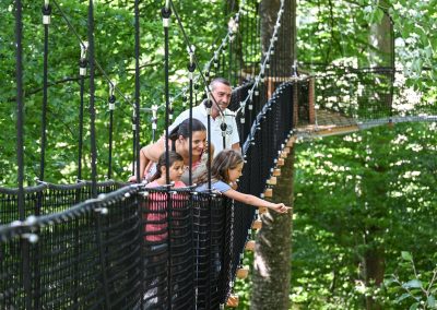 Children point from the treewalk into the forest